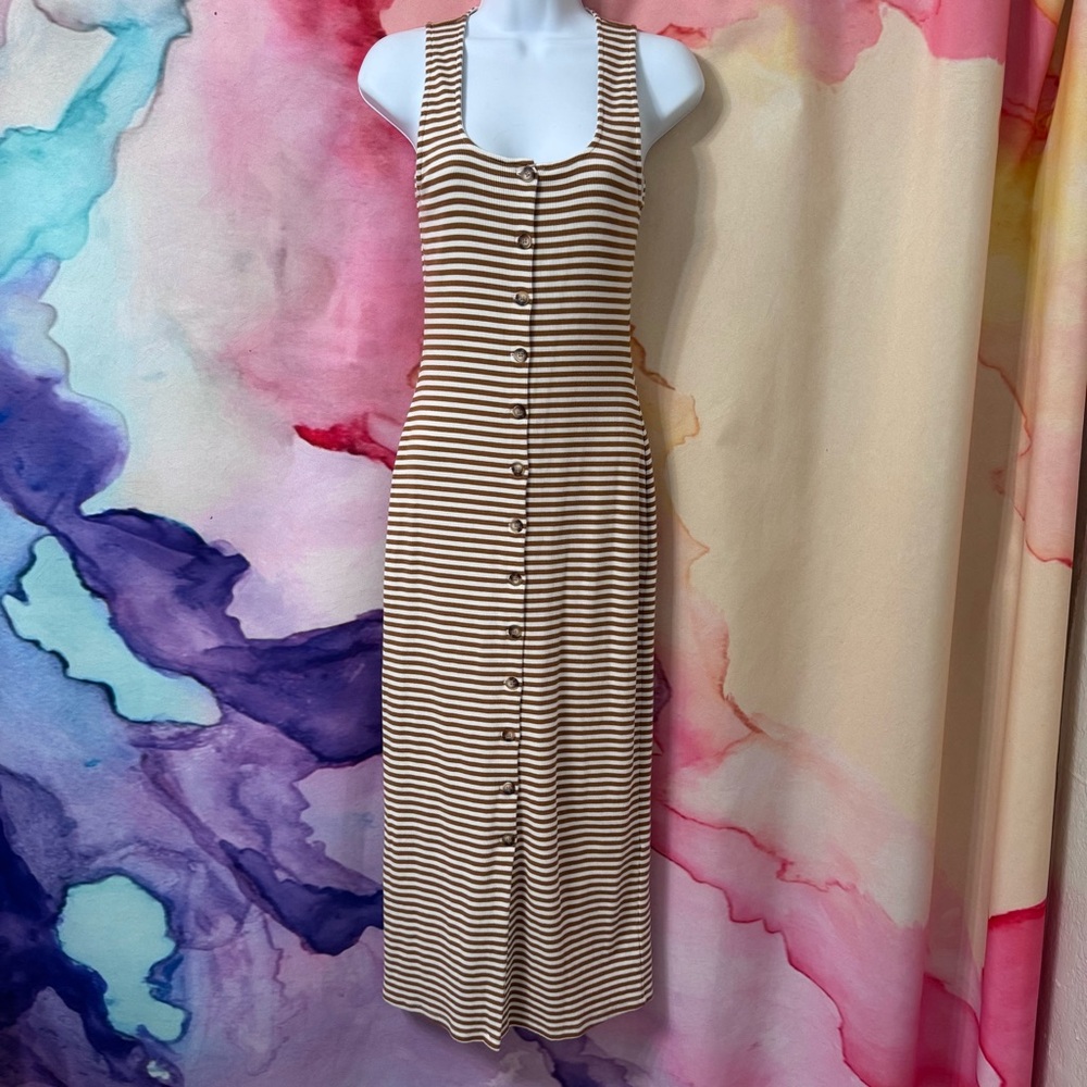 Sezane Fabiola Midi Dress Brown and Cream Striped